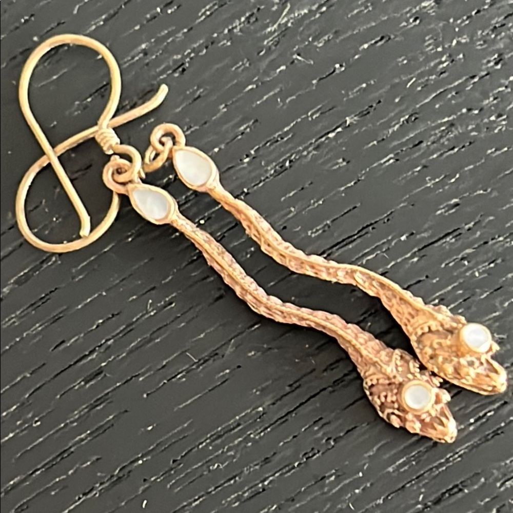 Snake Earrings Brass Metal Moonstone Detailed